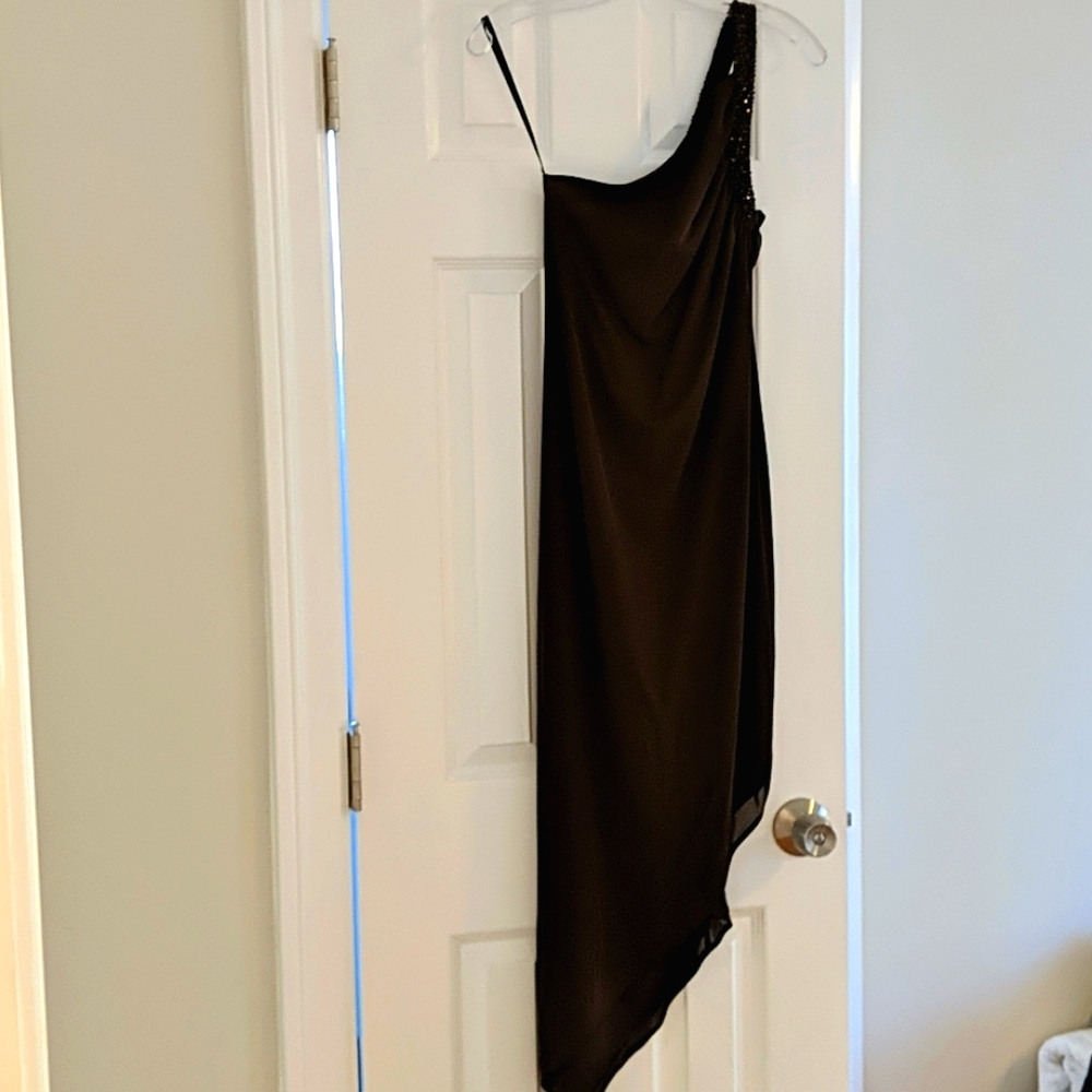 Caché brown one shoulder asymmetrical hem dress